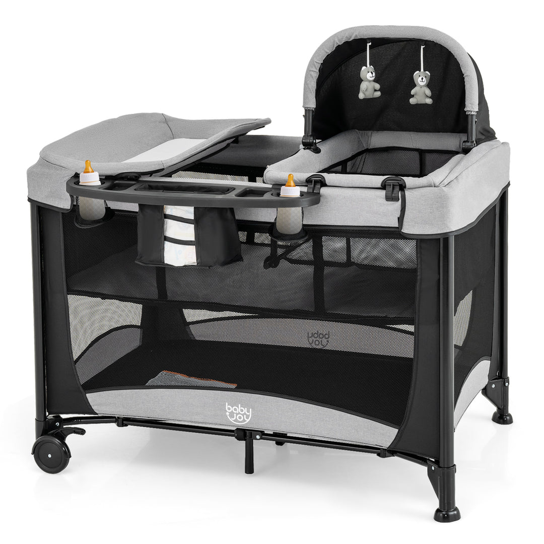 5-in-1 Portable Baby Playard with Cradle and Storage Basket-Black