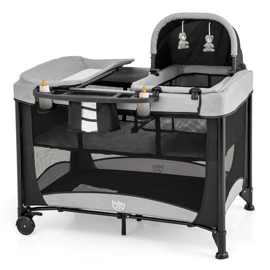 5-in-1 Portable Baby Playard with Cradle and Storage Basket-Black
