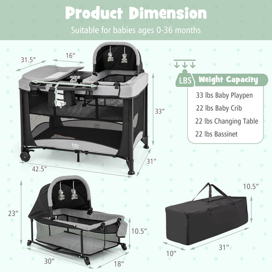 5-in-1 Portable Baby Playard with Cradle and Storage Basket-Black