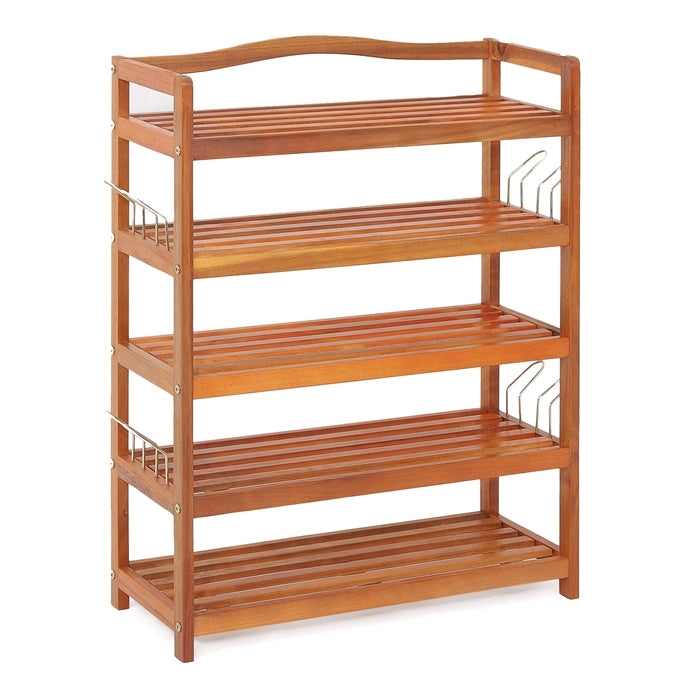 3-Tier Acacia Wood Shoe Rack with Side Metal Hooks