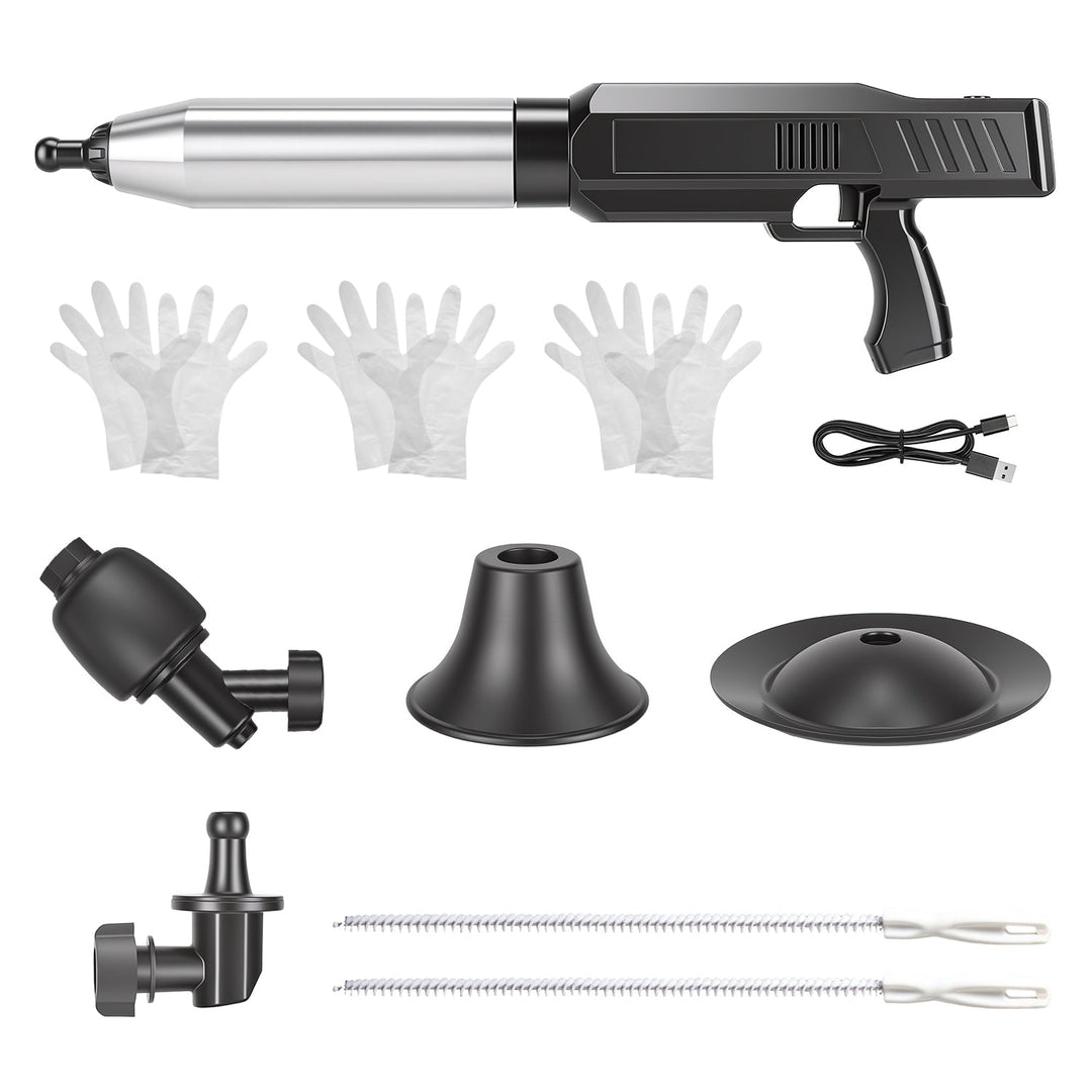 Electric Toilet Plunger with Air Pressure Gauge & 3 Heads
