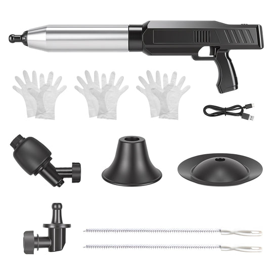 Electric Toilet Plunger with Air Pressure Gauge & 3 Heads