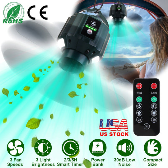 Portable Camping Ceiling LED Fan 5200mAh USB Battery Powered Hanging Tent Lantern Fan Power Bank with 3 Fan Speed 3 Light Brightness Smart Timer Remot