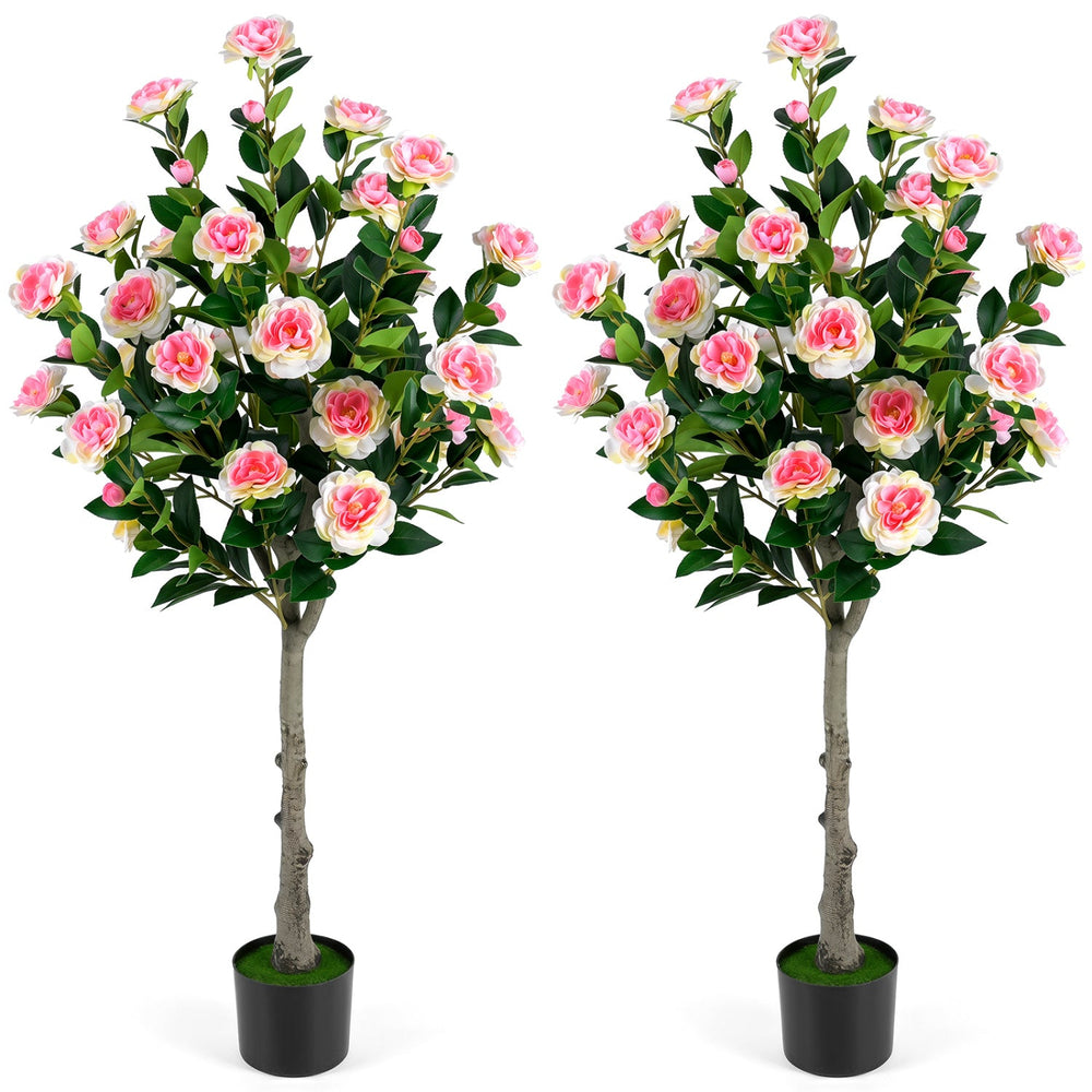 Artificial Camellia Tree with 27 Blossoms in Cement Pot