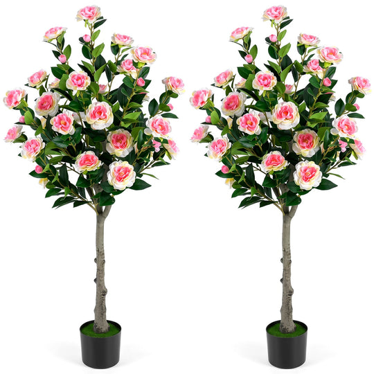 Artificial Camellia Tree with 27 Blossoms in Cement Pot