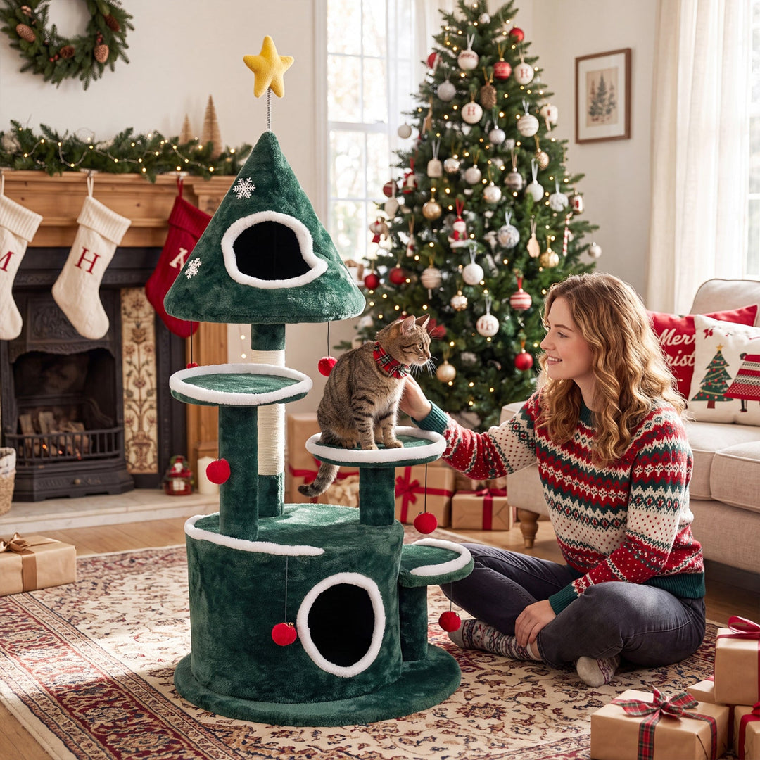 50" Christmas Cat Tree with 2 Condos & Scratching Post
