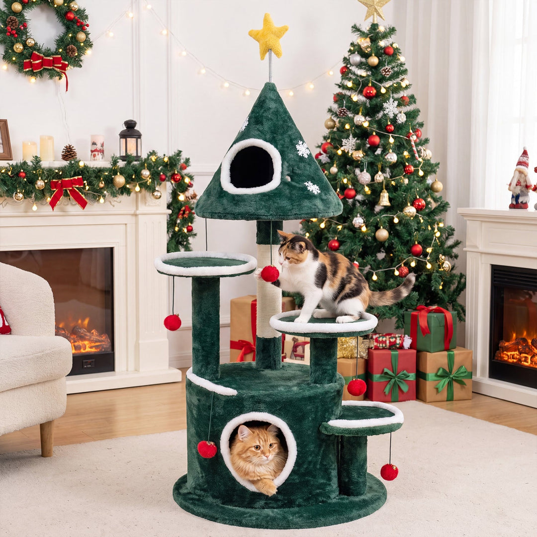 50" Christmas Cat Tree with 2 Condos & Scratching Post