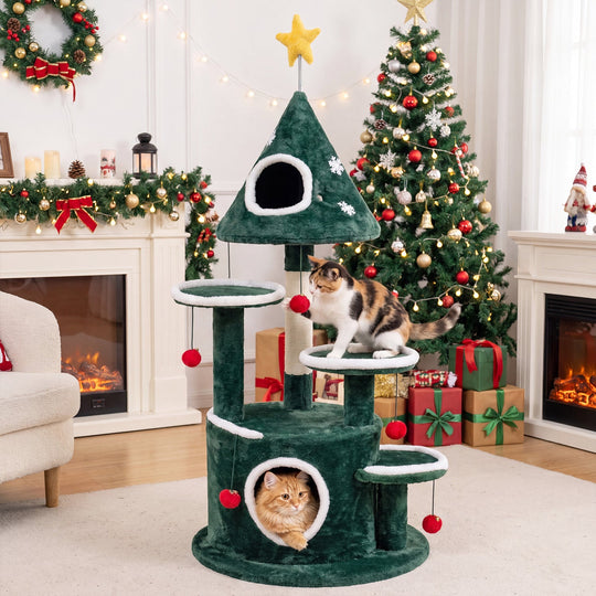 50" Christmas Cat Tree with 2 Condos & Scratching Post