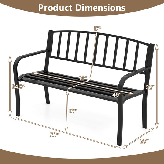 50 Inches Outdoor Garden Bench with Slatted Backrest and Curved Armrests-Black