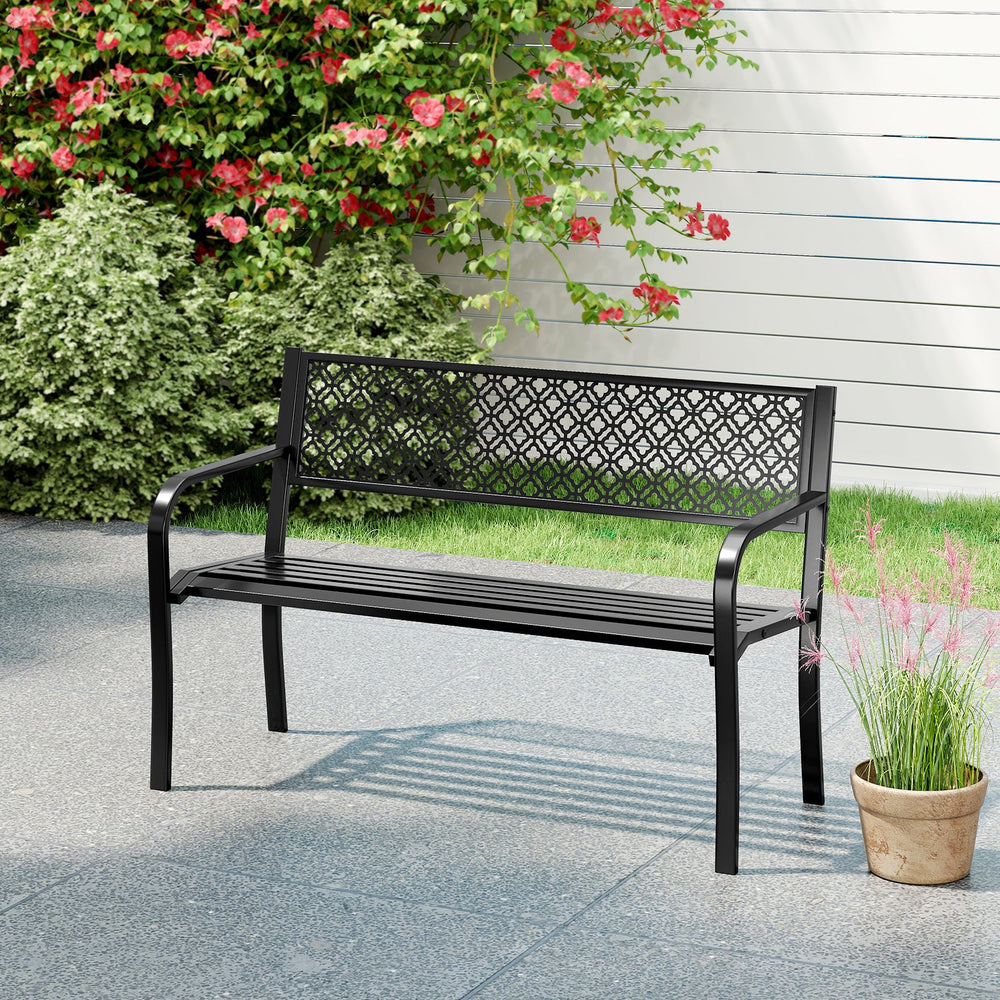 50 Inches Outdoor Garden Bench with Geometric Lattice Backrest and Slatted Seat