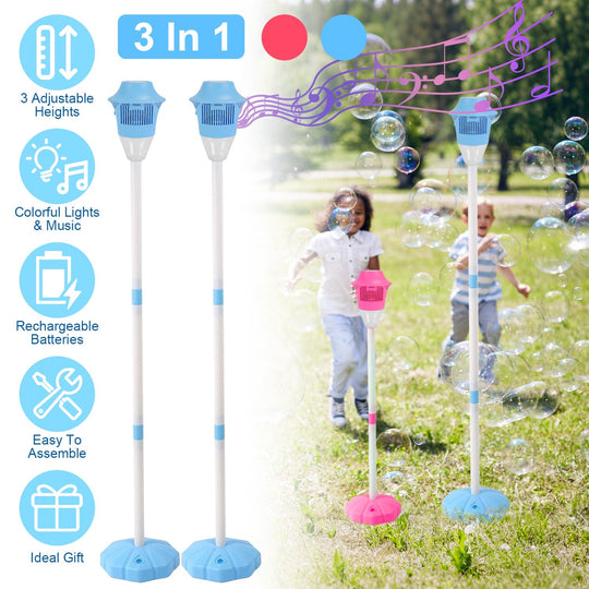 2Pack 3 In 1 Standing Bubble Machines with Colorful Lights and Music Rechargeable Bubble Maker Stands with 2 Modes 3 Adjustable Height for Party Weddi