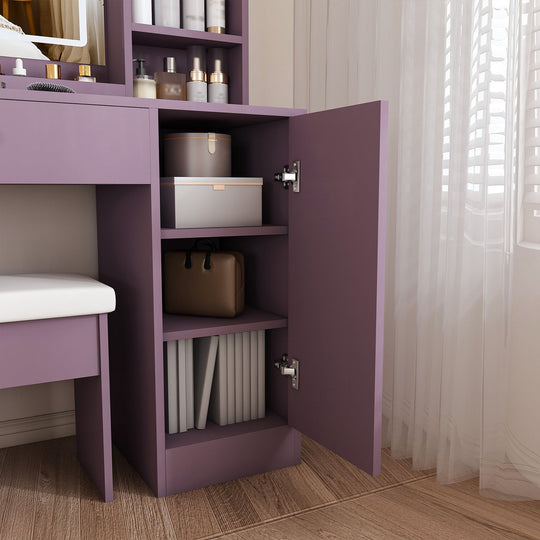 Purple Vanity Desk with Lighted Mirror & Padded Stool