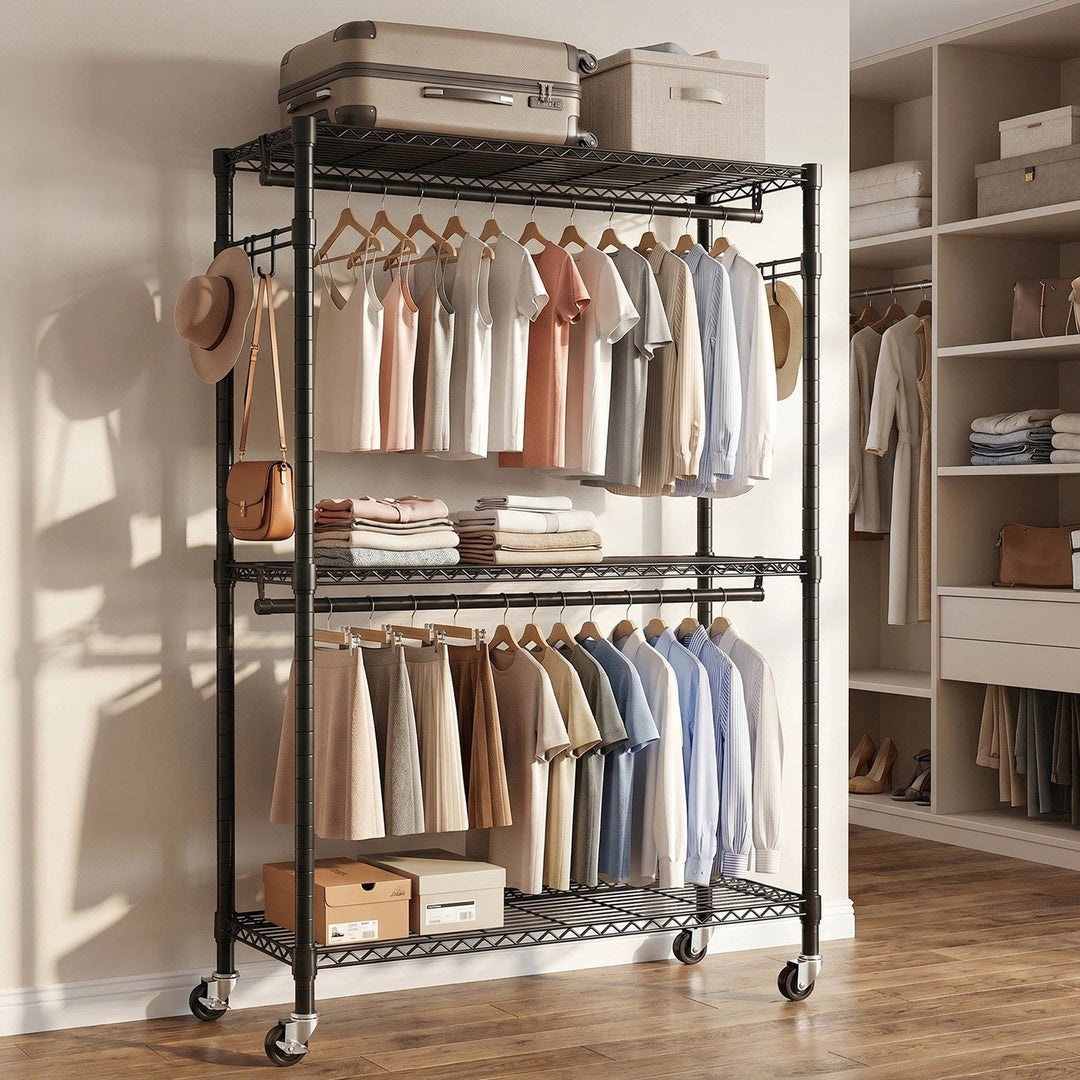 Rolling Clothes Rack with Shelves and Lockable Wheels