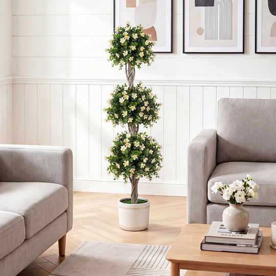 51" Artificial Topiary Tree with 3 Topiary Balls Sun-Resistant Fake Bushes