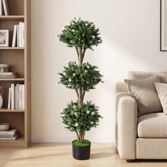 51" Artificial Triple Ball Boxwood Topiary Tree with 59 Blossoms