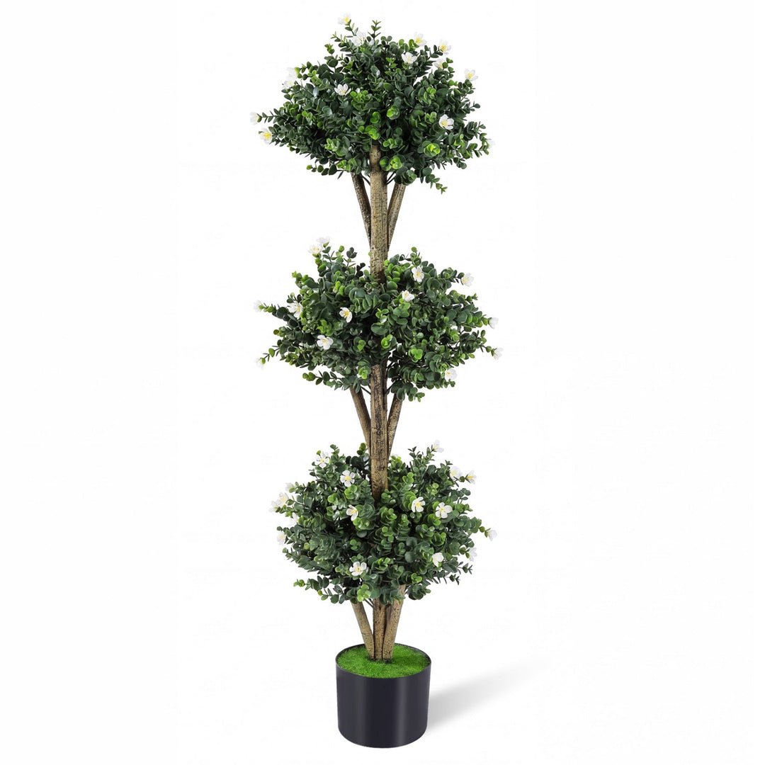 51" Artificial Triple Ball Boxwood Topiary Tree with 59 Blossoms