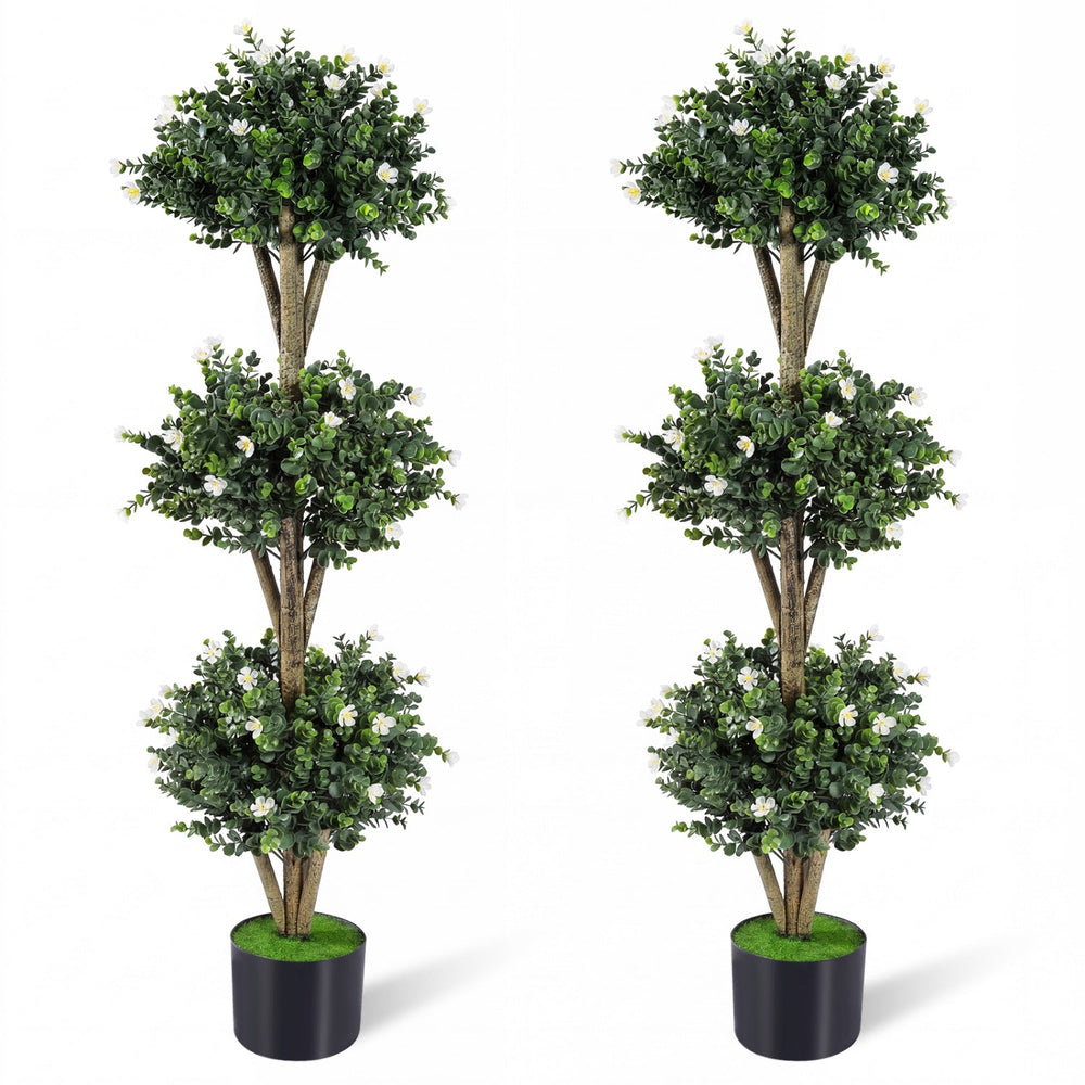 51" Artificial Triple Ball Boxwood Topiary Tree with 59 Blossoms Set of 2