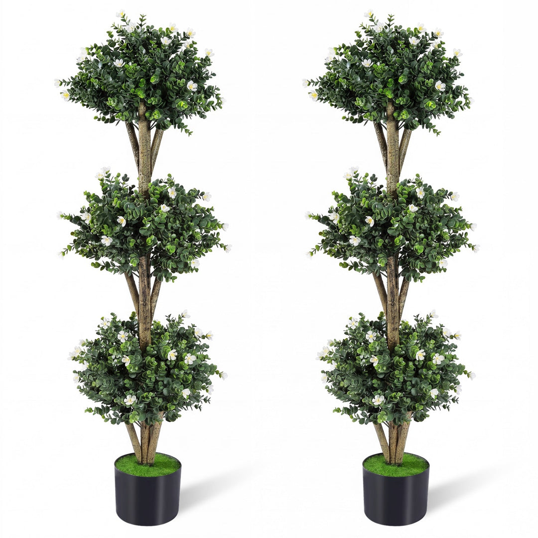 51" Artificial Triple Ball Boxwood Topiary Tree with 59 Blossoms Set of 2
