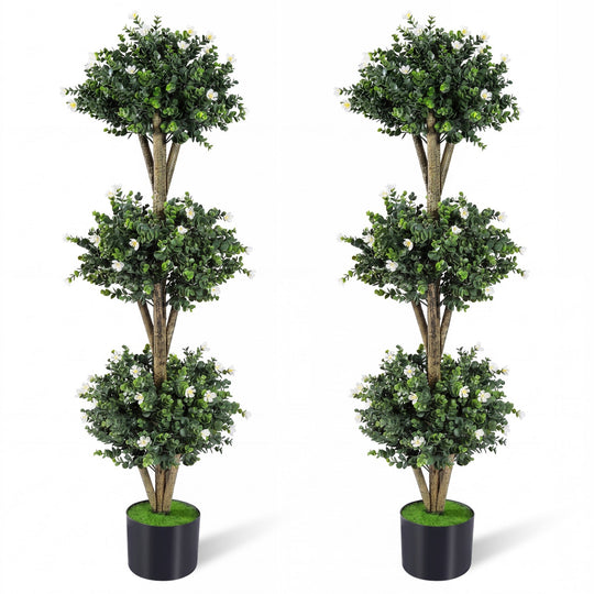 51" Artificial Triple Ball Boxwood Topiary Tree with 59 Blossoms Set of 2