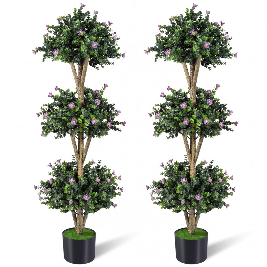51" Artificial Triple Ball Boxwood Topiary Tree with 59 Blossoms Set of 2