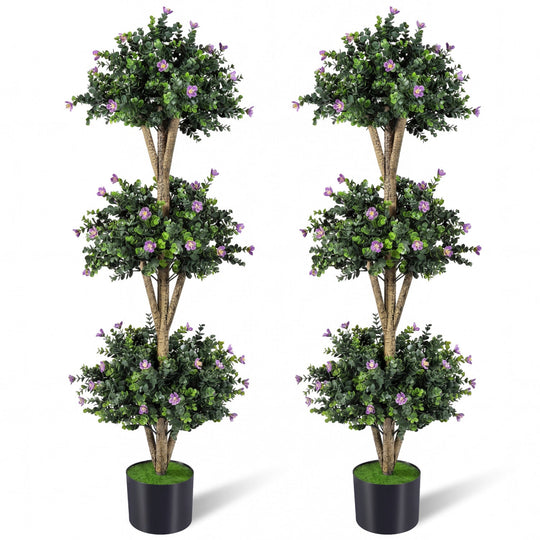 51" Artificial Triple Ball Boxwood Topiary Tree with 59 Blossoms Set of 2
