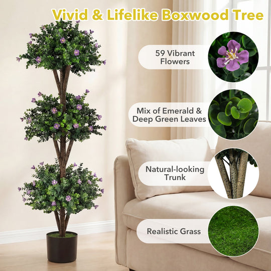 51" Artificial Triple Ball Boxwood Topiary Tree with 59 Blossoms Set of 2