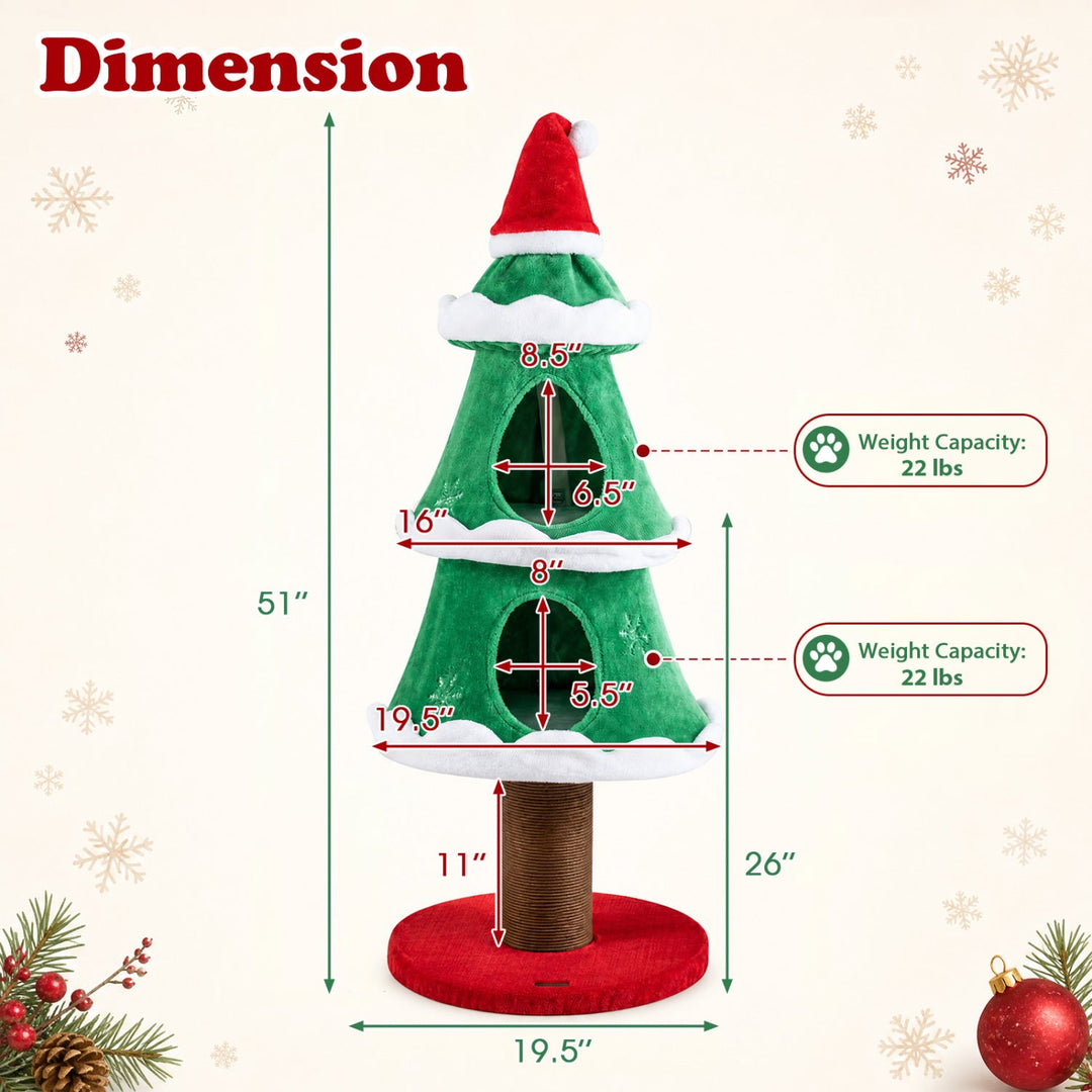 51" Christmas Cat Tree with 2 Condos & Scratching Post
