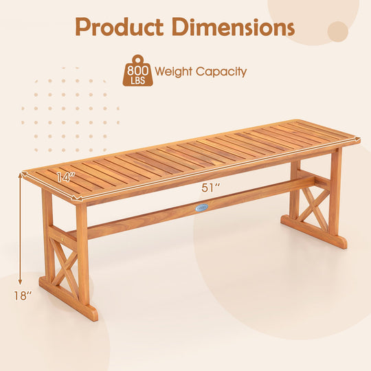 51 Inches Outdoor Acacia Wood Bench with Slatted Seat and 800 lbs Weight Capacity