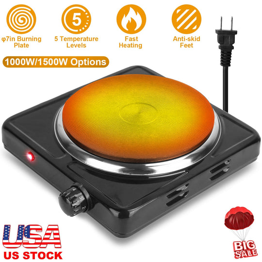 1500W Electric Single Burner Portable Heating Hot Plate Stove Countertop RV Hotplate with Non Slip Rubber Feet 5 Temperature Adjustments