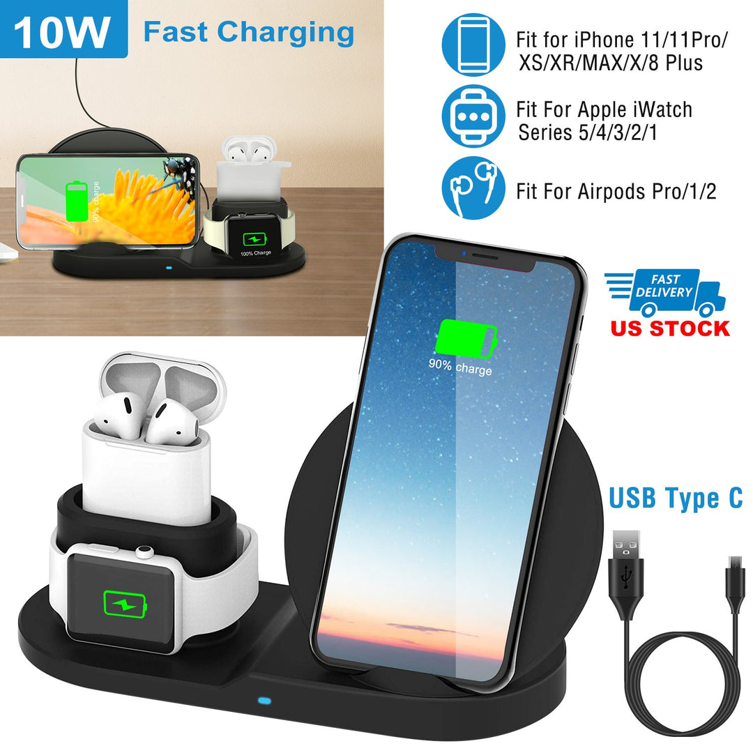 Wireless Charger 10W Fast Charging Station For iPhone Apple iWatch Series 5/4/3/2/1 AirPods Fit For iPhone 11/11Pro/XS/XR/MAX/X/8 Plus/8 Samsung Galax
