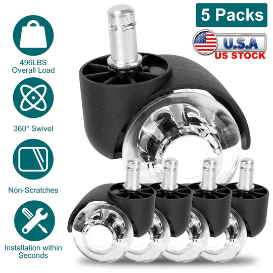 5Pcs Office Chair Wheels Polyurethane Rolling Caster Replacement for Hardwood Floor Carpet Universal Fit 496LBS Max Load