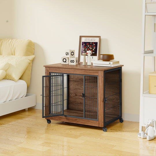 Dog Crate Furniture with Lockable Wheels & Dual Doors