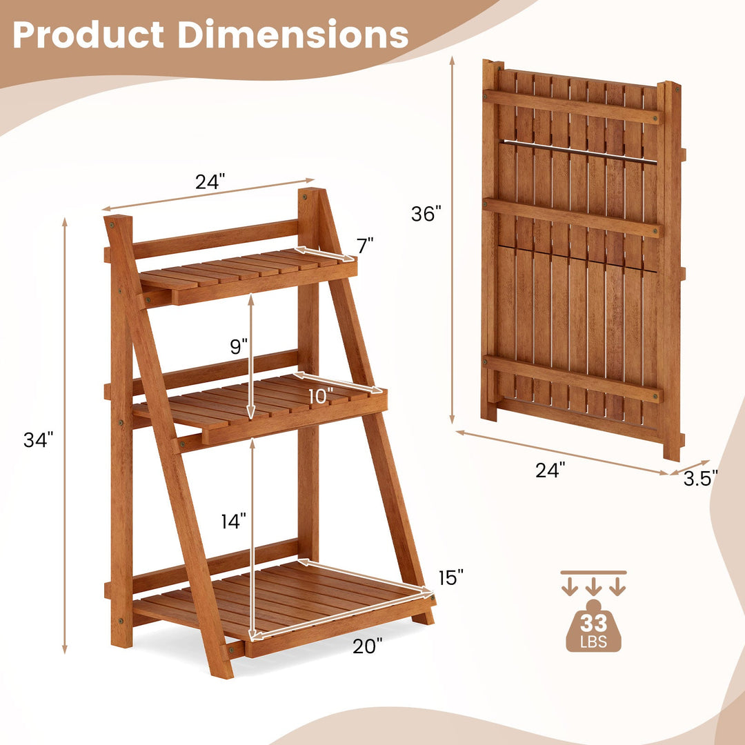Foldable 3-Tier Solid Wood Plant Stand for Patio Balcony