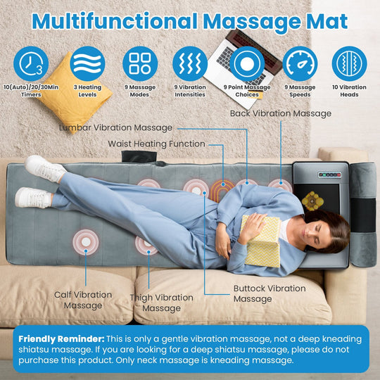 Full Body Massage Mat – Heat, Vibration, Neck & Foot Massage, Pillow Support