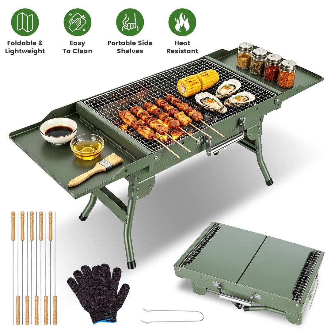 Foldable Charcoal Grill with Storage Shelf and 10 Skewers