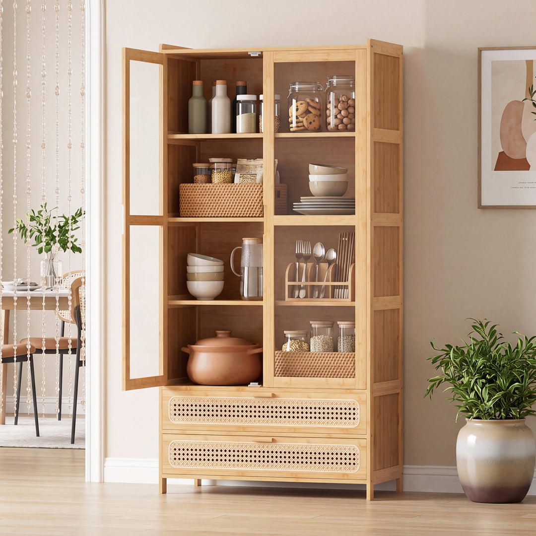 54.5" Bamboo Bookshelf with 2 Acrylic Doors 4 Shelves and 2 Drawers for Home Office-Natural