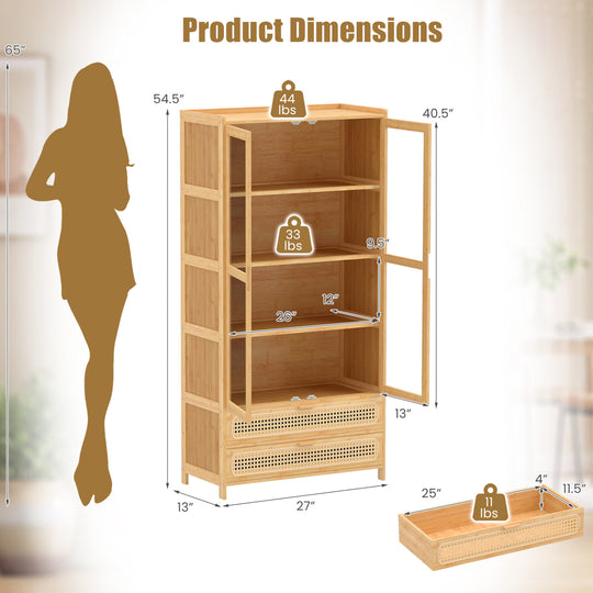 54.5" Bamboo Bookshelf with 2 Acrylic Doors 4 Shelves and 2 Drawers for Home Office-Natural