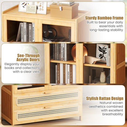 54.5" Bamboo Bookshelf with 2 Acrylic Doors 4 Shelves and 2 Drawers for Home Office-Natural