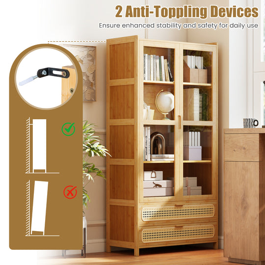 54.5" Bamboo Bookshelf with 2 Acrylic Doors 4 Shelves and 2 Drawers for Home Office-Natural