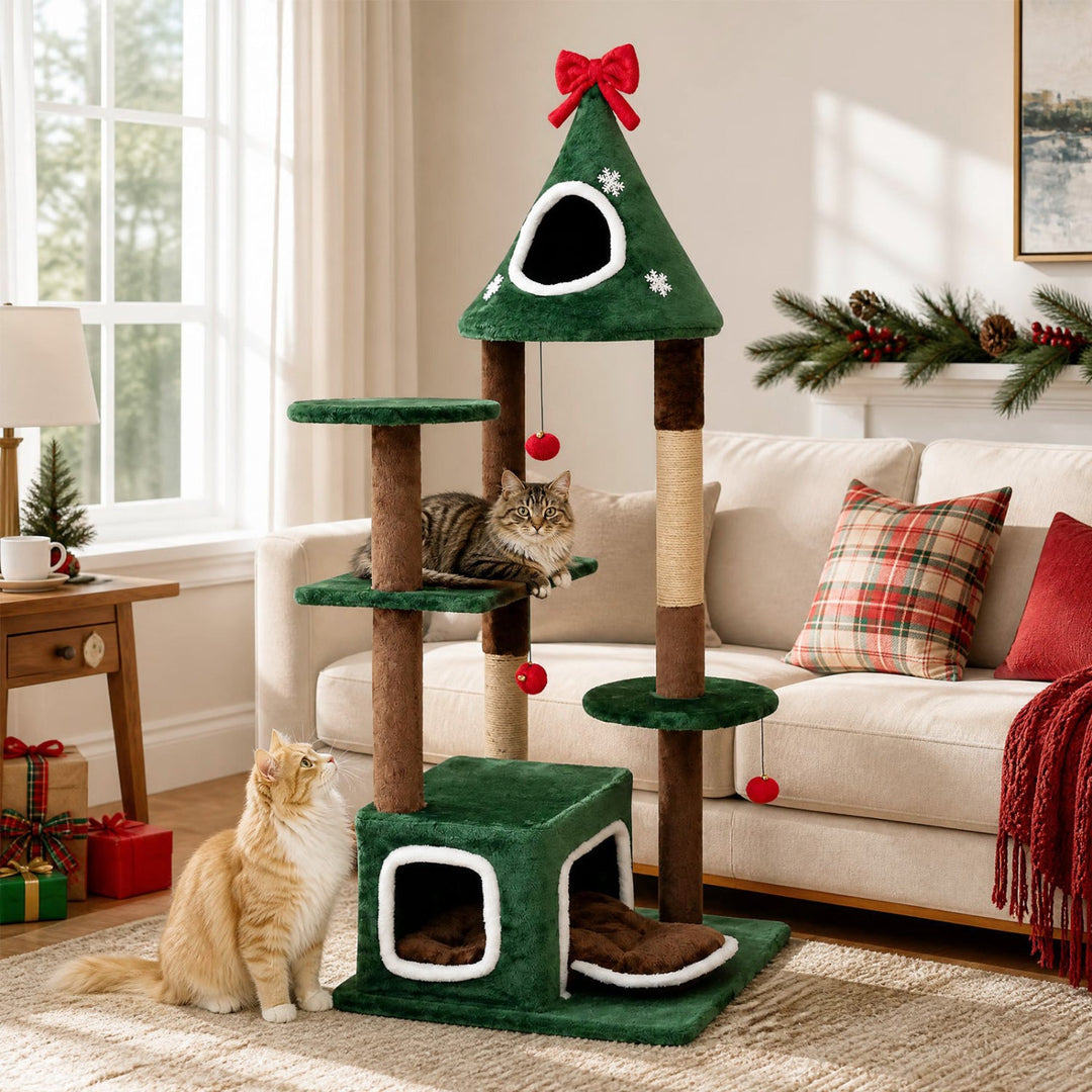 54" Christmas Cat Tree with 2 Condos & Scratching Post