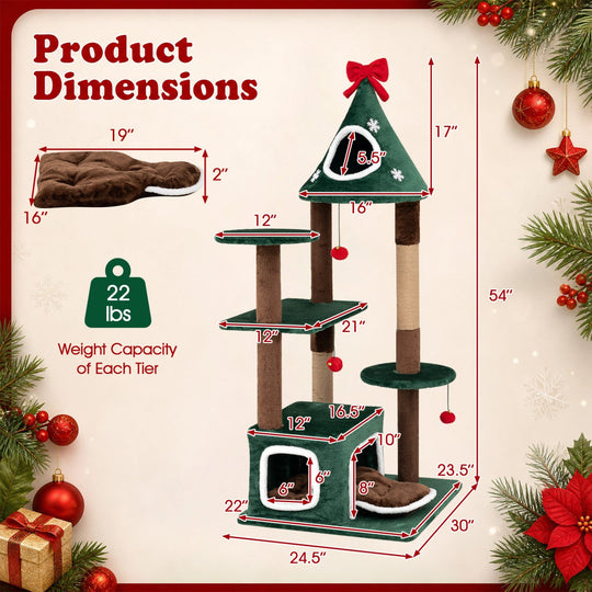 54" Christmas Cat Tree with 2 Condos & Scratching Post
