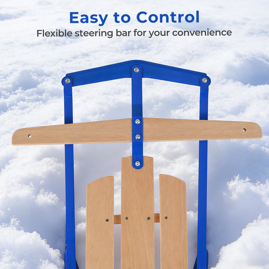 54 Inch Wood Snow Sled with Metal Runners and Steering Bar