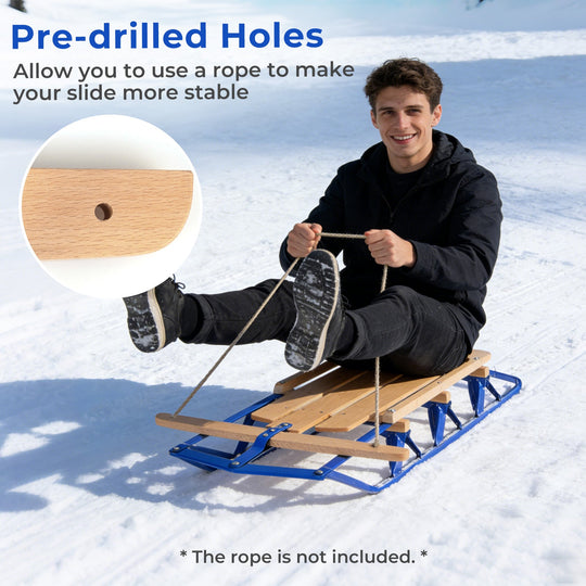 54 Inch Wood Snow Sled with Metal Runners and Steering Bar