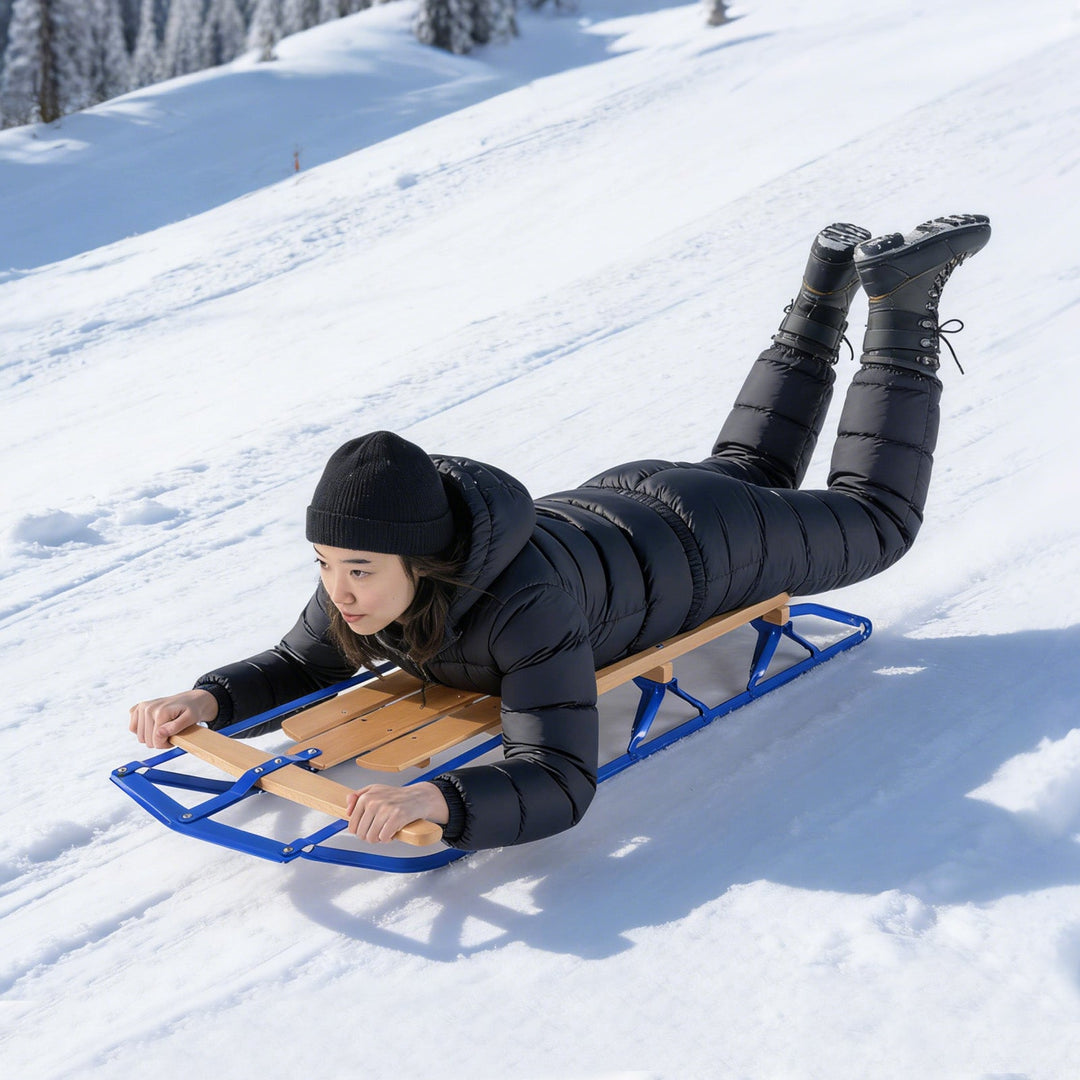 54 Inch Wood Snow Sled with Metal Runners and Steering Bar