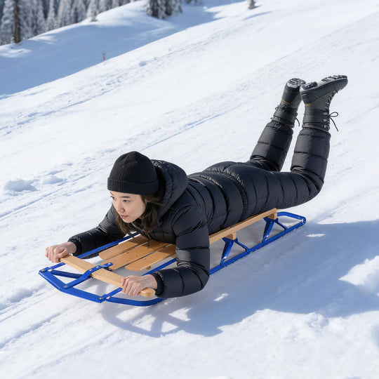 54 Inch Wood Snow Sled with Metal Runners and Steering Bar