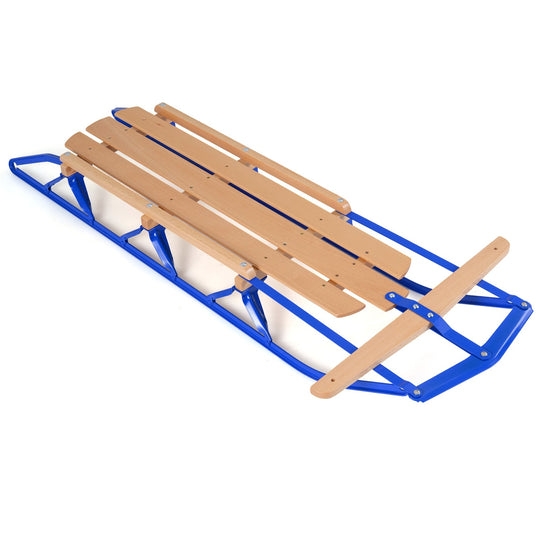 54 Inch Wood Snow Sled with Metal Runners and Steering Bar