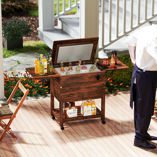 54 Quart Wooden Cooler Cart for Patio Rolling Ice Chest with Shelves-Brown