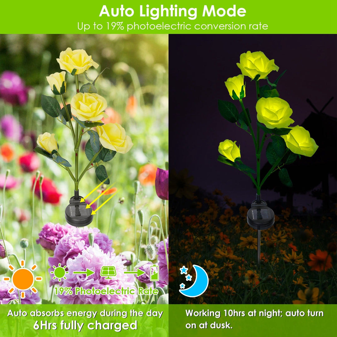 2Pcs Solar Powered Lights Outdoor Rose Flower LED Decorative Lamp Water Resistant Pathway Stake Lights For Garden Patio Yard Walkway