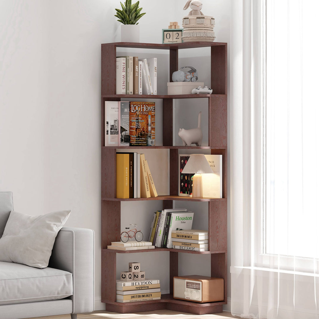 6 Tier Freestanding L-Shaped Corner Bookshelf For Living Room, Bedroom, Wooden Bookcase with anti-drop panle & anti tipp