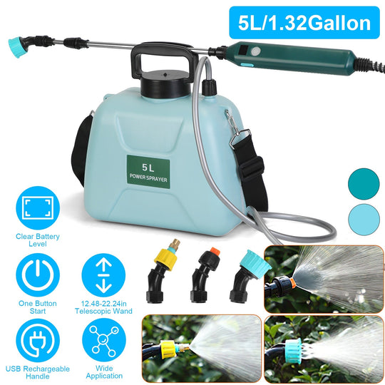 5L/1.32Gallon Battery Operated Water Sprayer Portable Garden Sprayer Electric Sprayer with Rechargeable Handle Telescopic Wand 3 Spray Nozzles Shoulde